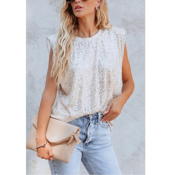 Tops - Silver Sequin Cap Sleeve Top